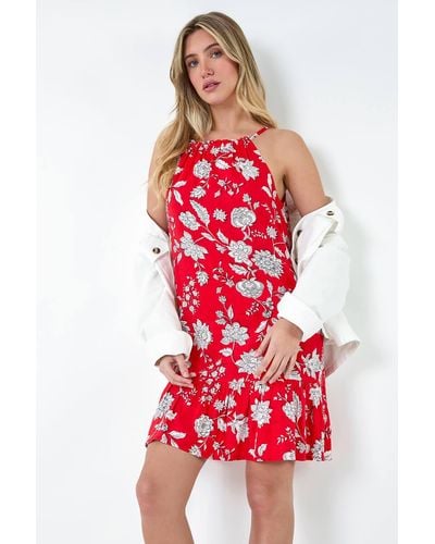 Roman Dusk Fashion Floral Print Frill Hem Dress - Red