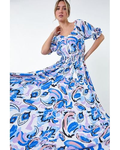 Roman Dusk Fashion Shirred Waist Abstract Print Maxi Dress - Blue