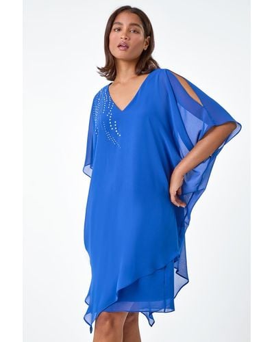 Roman Embellished Cold Shoulder Overlay Dress - Blue