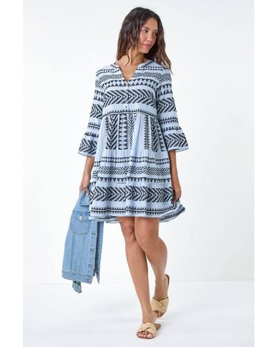 Roman Aztec Print Cotton Smock Dress - Blue