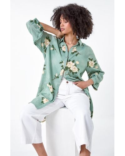Roman Floral Cotton Blend Longline Shirt - Green