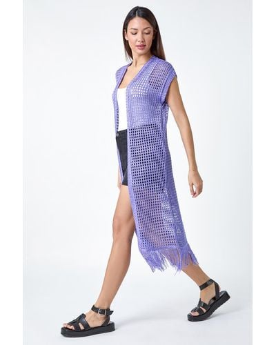 Roman Longline Shimmer Tassel Knit Kimono - Blue