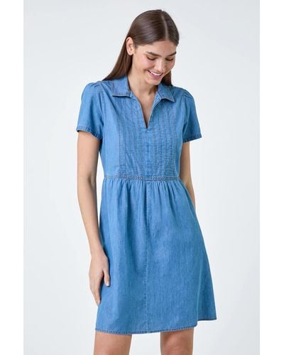 Roman Cotton Denim Collared Dress - Blue