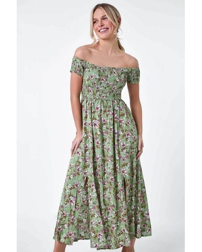 Roman Originals Petite Floral Shirred Bardot Midi Dress - Green