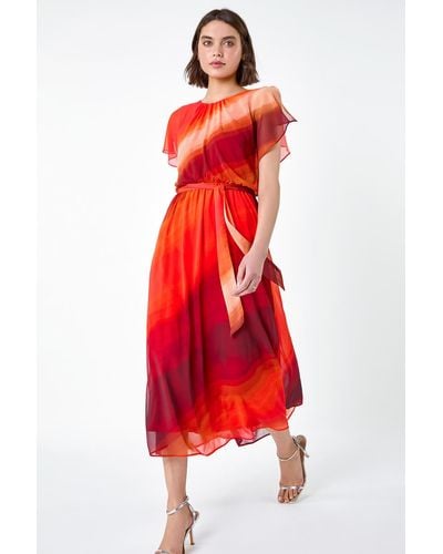 Roman Ombre Cape Sleeve Midi Dress - Red