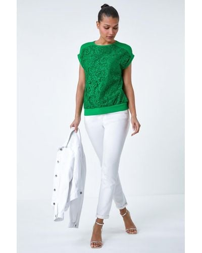 Roman Lace Panel Stretch Jersey Top - Green