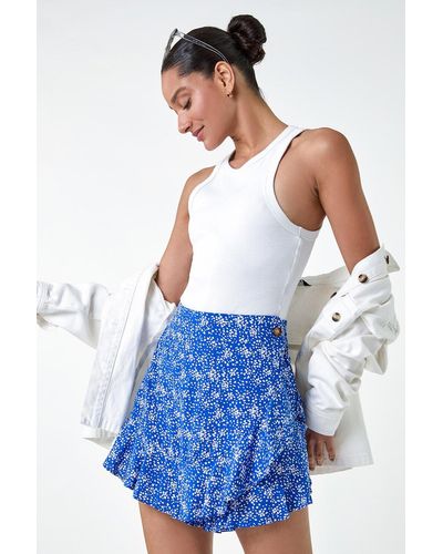 Roman Dusk Fashion Polka Dot Frill Detail Wrap Skirt - Blue