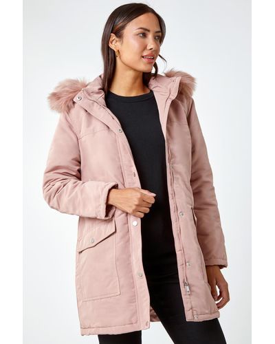 Roman Faux Fur Hooded Parka Coat - Pink