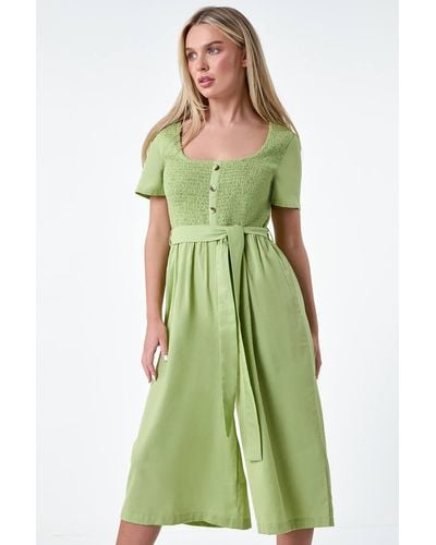 Roman Petite Shirred Button Detail Culotte Jumpsuit - Green