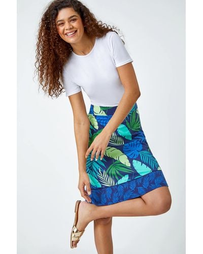 Roman A-line Palm Leaf Border Stretch Skirt - Blue