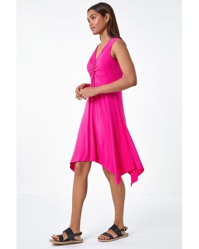 Roman Twist Front Hanky Hem Stretch Dress - Pink