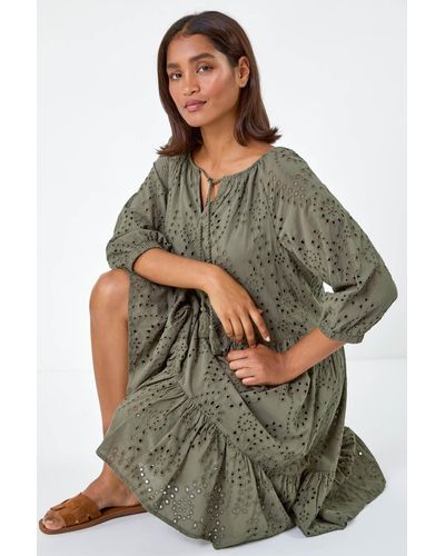 Roman Cotton Broderie Tiered Smock Dress - Green