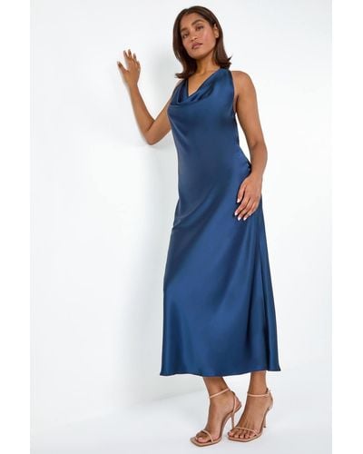 Roman Satin Bias Cut Dress - Blue