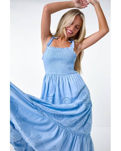 Roman Originals Petite Cotton Broderie Tiered Maxi Dress - Blue