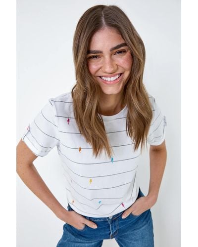 Roman Lightning Embroidery Stripe Stretch T-shirt - White