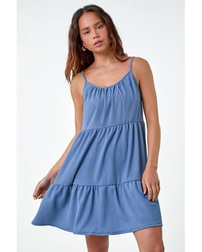 Roman Originals Petite Textured Stretch Strappy Smock Dress - Blue