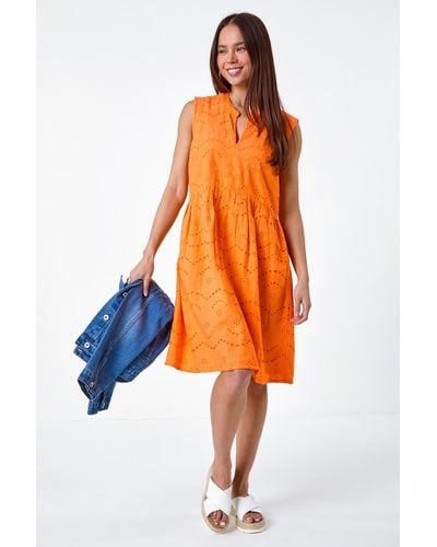Roman Originals Petite Broderie Cotton Dress - Orange