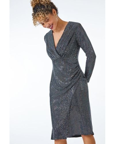 Roman Petite Sparkle Embellished Ruched Wrap Dress - Grey