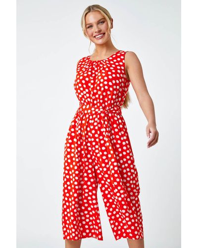 Roman Petite Polka Dot Cropped Jumpsuit - Red