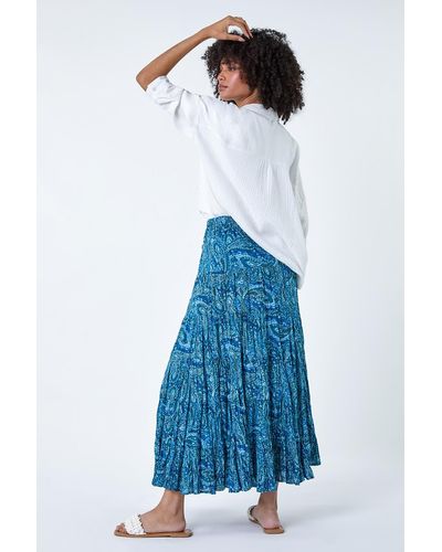 Roman Paisley Crinkle Cotton Tiered Maxi Skirt - Blue