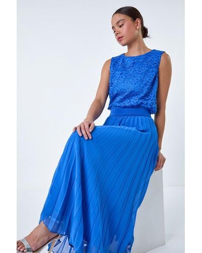 Roman Petite Pleated Premium Maxi Skirt - Blue