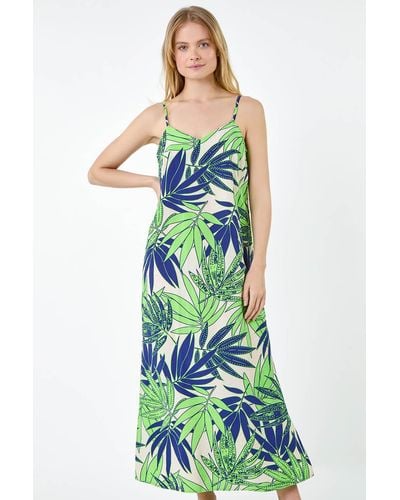 Roman Tropical Palm Print Midi Dress - Green
