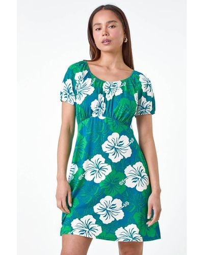 Roman Originals Petite Tropical Floral Stretch Dress - Green