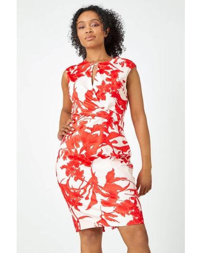 Roman Petite Stretch Floral Twist Ruched Dress - Red