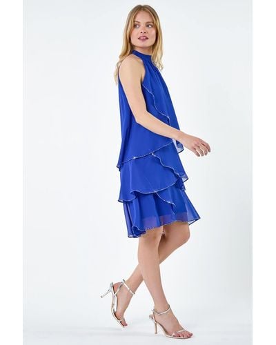 Roman Sequin Trim Tiered Halterneck Dress - Blue