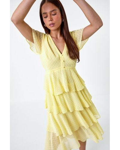 Roman Originals Petite Textured Spot Tiered Midi Dress - Yellow