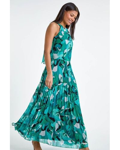 Roman Swirl Print Pleated Halterneck Maxi Dress - Blue