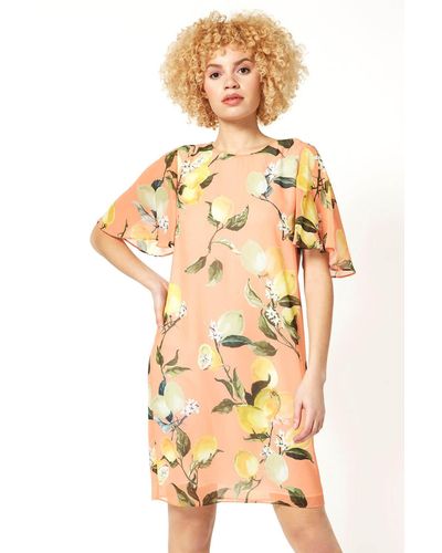 Roman Lemon Print Angel Sleeve Chiffon Dress - Orange