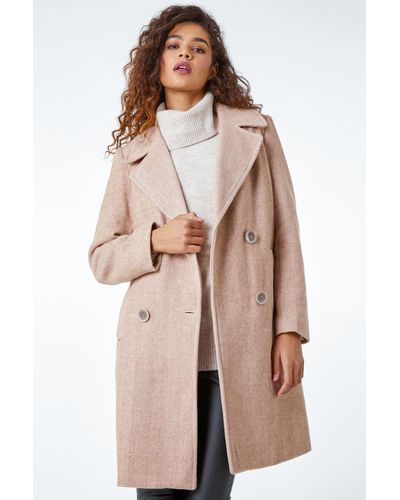 Roman Double Breasted Longline Textured Coat - Brown