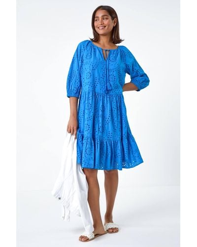 Roman Cotton Broderie Tiered Smock Dress - Blue