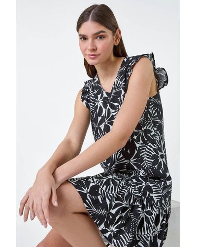 Roman Leaf Print Linen Blend Frill Detail Dress - Black