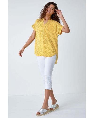 Roman Abstract Print Woven Pleat Front Top - Yellow