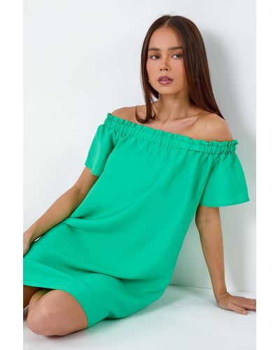 Roman Originals Petite Plain Stretch Neck Bardot Dress - Green