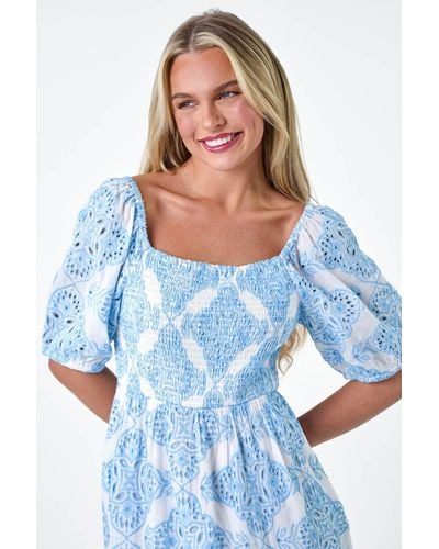 Roman Petite Cotton Embroidered Shirred Maxi Dress - Blue