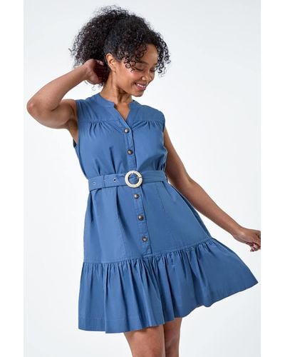 Roman Originals Petite Belt Detail Frill Cotton Shirt Dress - Blue