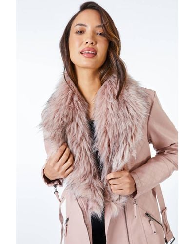 Roman Longline Faux Leather Belted Coat - Pink