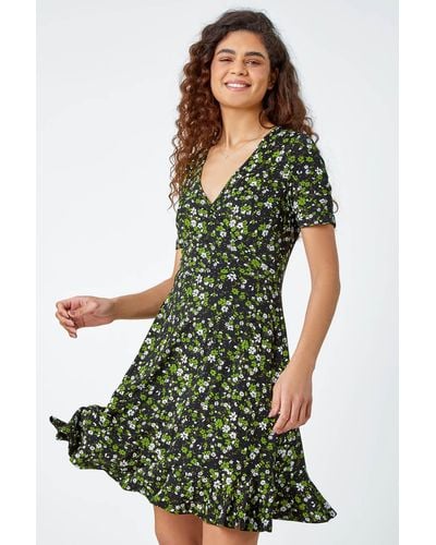 Roman Floral Print Wrap Stretch Dress - Green