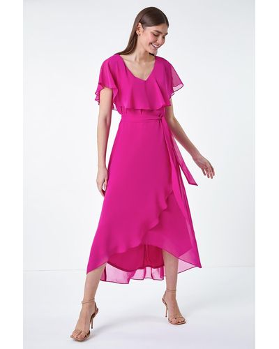 Roman Plain Chiffon Midi Wrap Dress - Pink