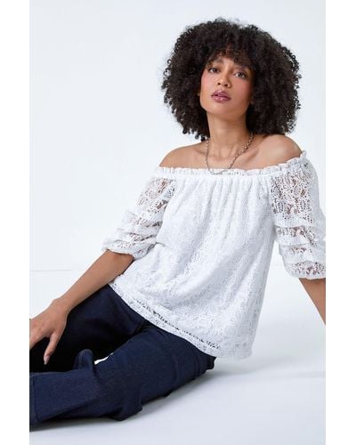 Roman Lace Ruched Sleeve Bardot Top - White
