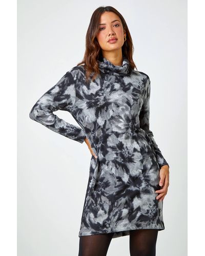 Roman Floral Tie Dye Print Tunic Stretch Dress - Grey