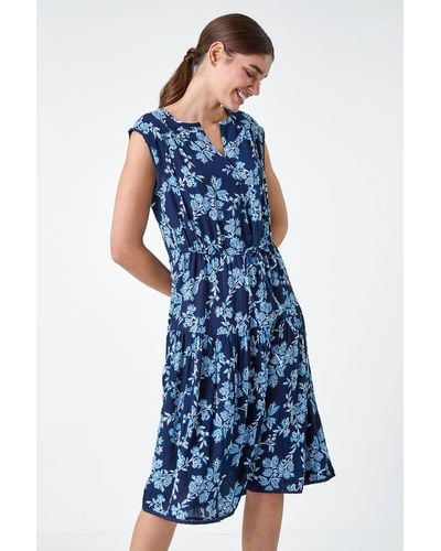 Roman Floral Print Tiered Woven Dress - Blue