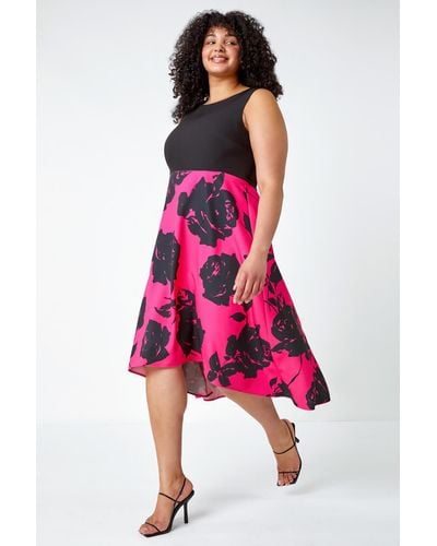 Roman Curve Premium Stretch Floral Midi Dress - Pink