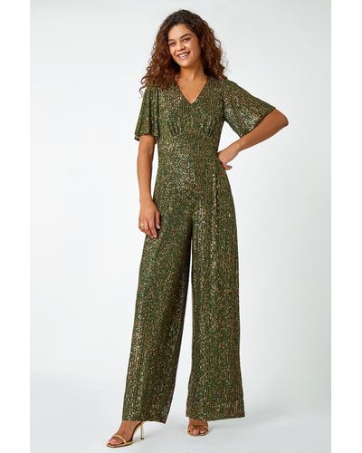 Roman Embellished Sequin Stretch Jumpsuit - Green