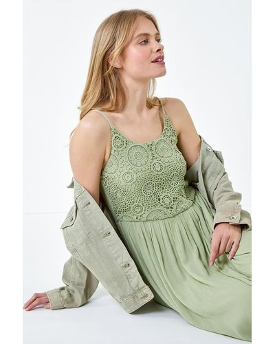 Roman Lace Bodice Shirred Midi Dress - Green