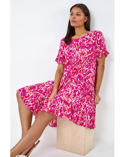 Roman Abstract Print Tiered Smock Dress - Pink