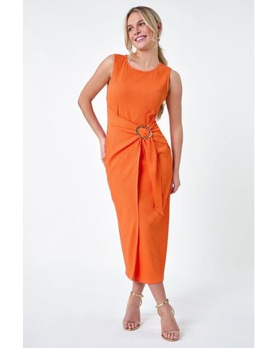 Roman Originals Petite Textured Buckle Wrap Dress - Orange